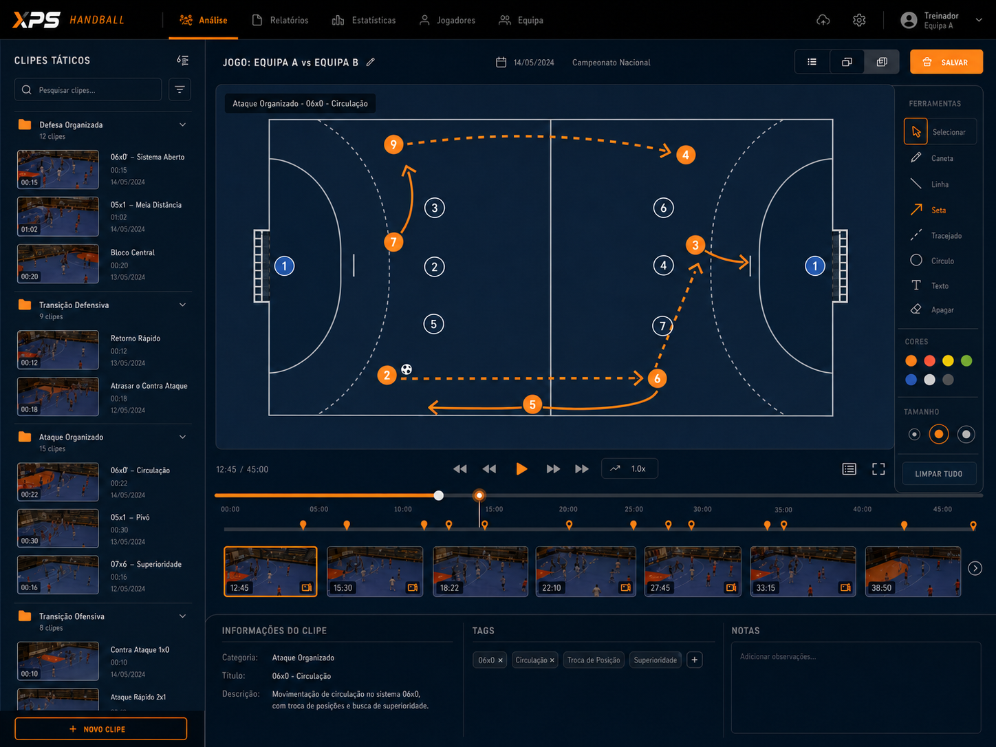 Interface XPS com organização tática de clipes